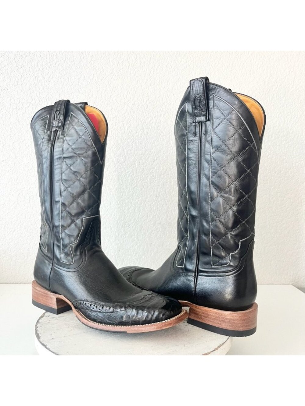 Rod Patrick Mens Black Cowboy Boots Sz 12.5A Caiman Western Square Toe Wing Tip